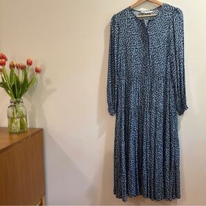 Zara Blue and White Patterned Pleated Maxi with Bishop Sleeves